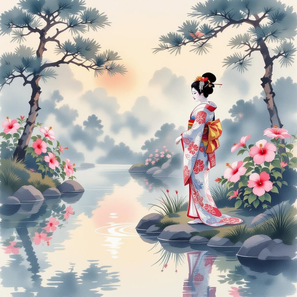 Serene Japanese Garden at Dawn with Geisha and Hibiscus
