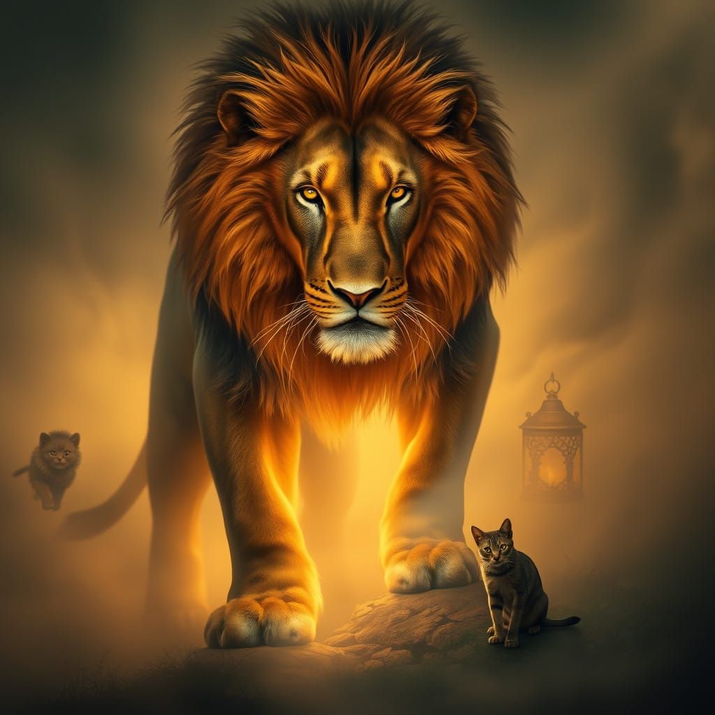 Enchanted Lion Emerges from Swirling Mist in Fantastical Lan...