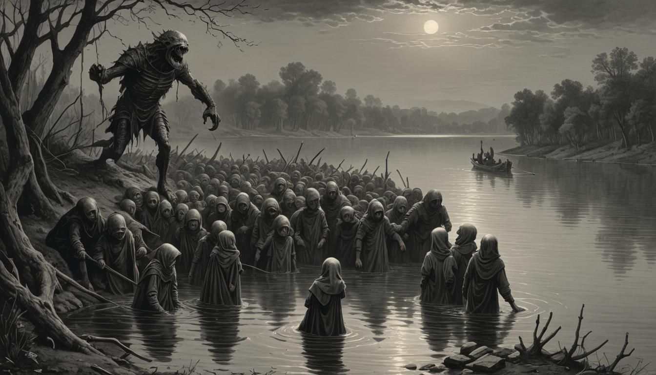 Eerie Lake Monster Emerges, Engraving Style
