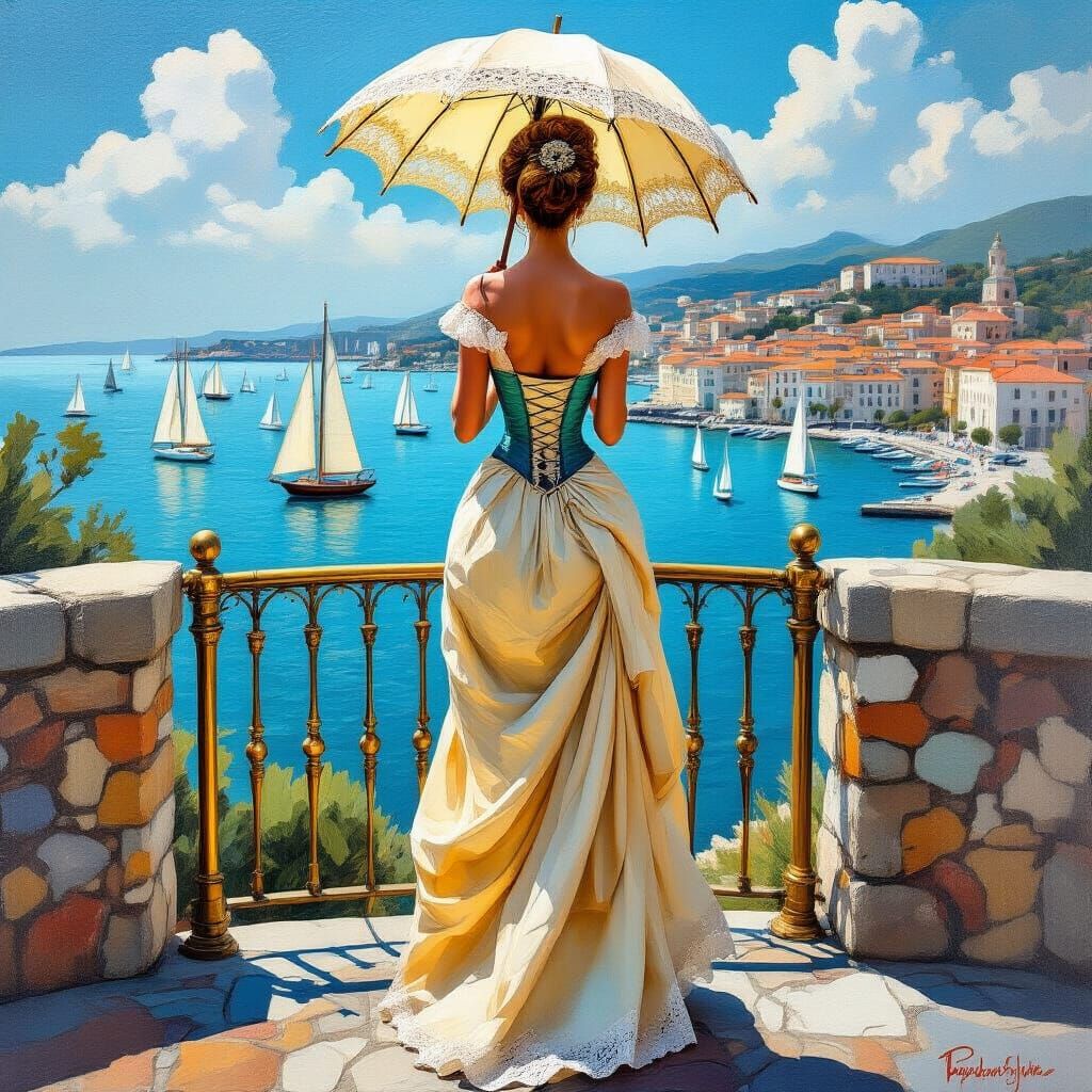 Elegant Woman on Stone Overlook Watching Sailboats in Oil Pa...