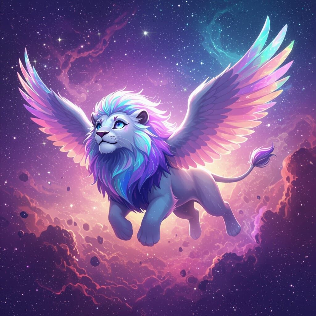 Winged Lion Soaring Through Nebula in Anime Style