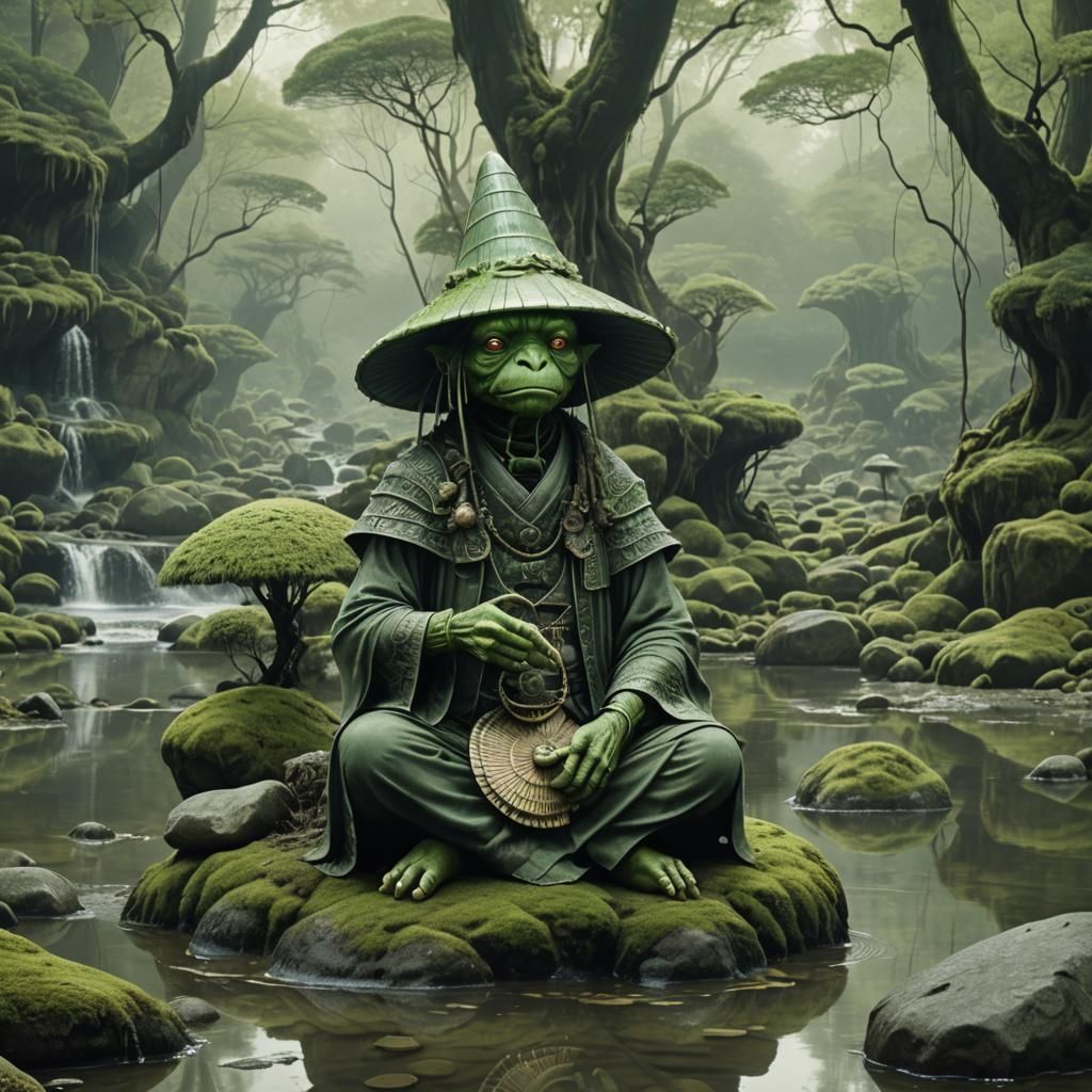 Surreal Japanese Water Spirit in a Mystical River Scene