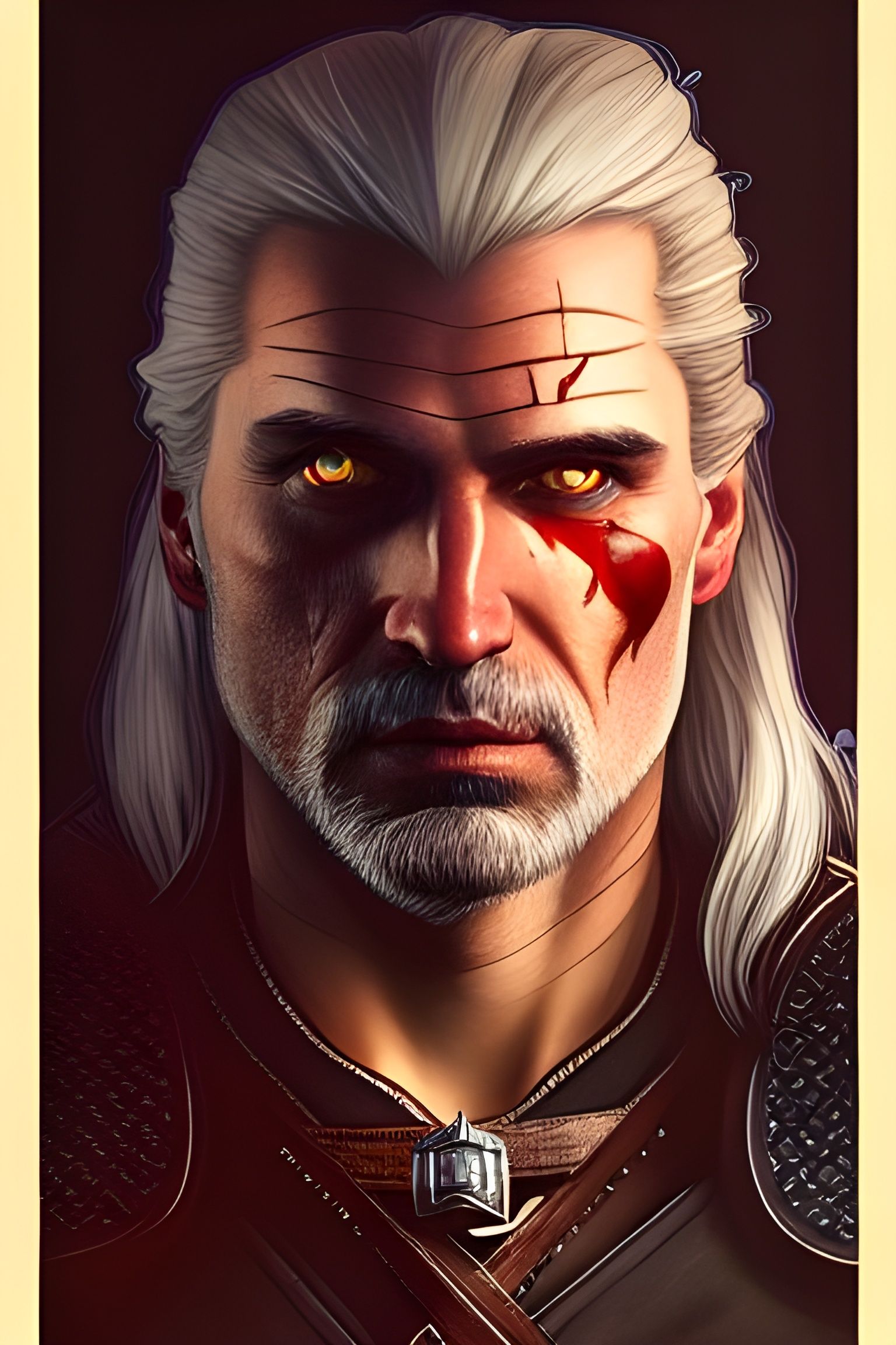 Geralt of Rivia Portrait in Watercolor Art Nouveau Style