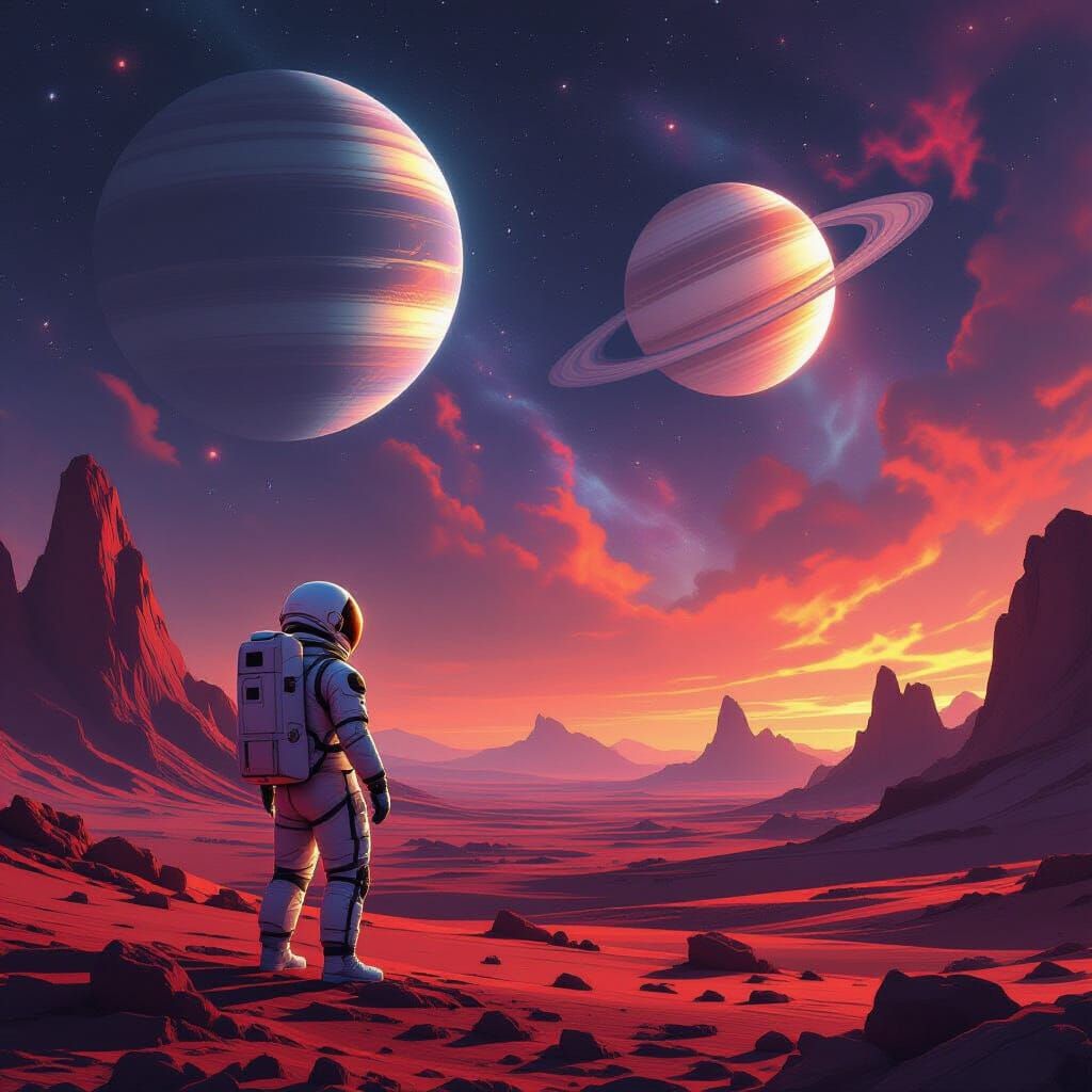 Astronaut on Alien Planet Under Nebula Sky