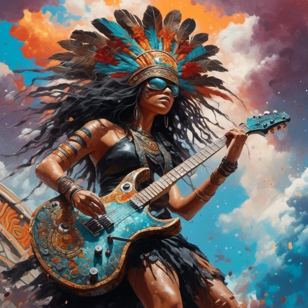 Aztec Warrior Shreds Guitar: Hyperrealistic Digital Art