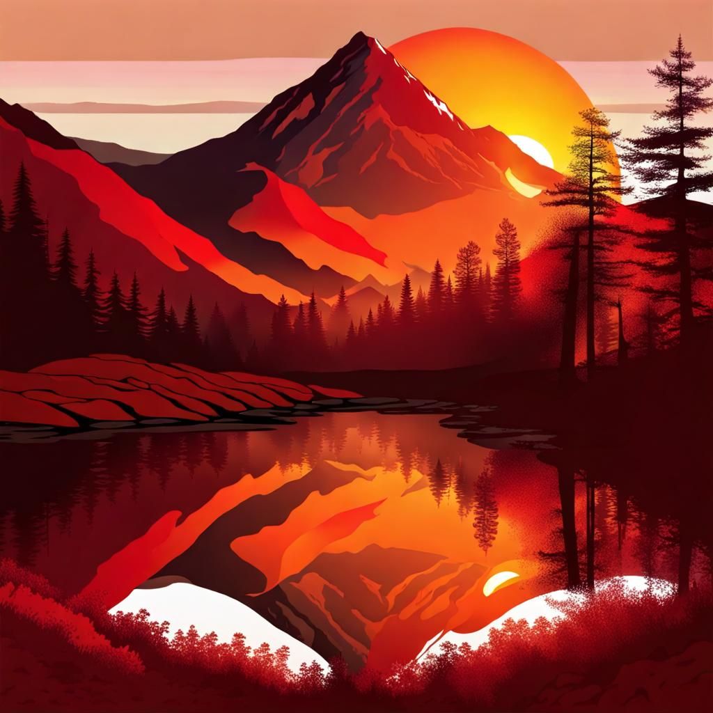 Mountain Sunrise with Reflected Light and Woodland Scene