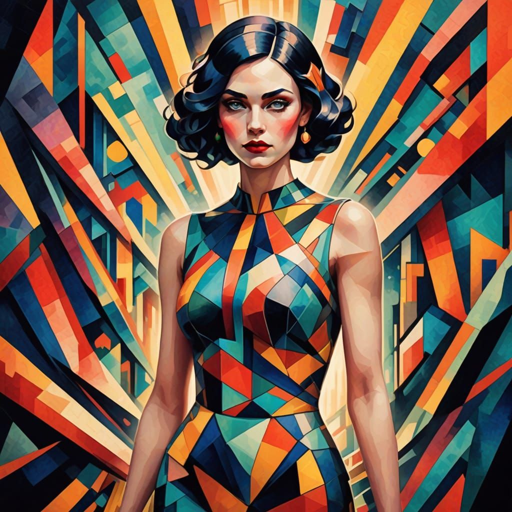 Vibrant Cubist Goddess in a Fragmented Art Deco Realm
