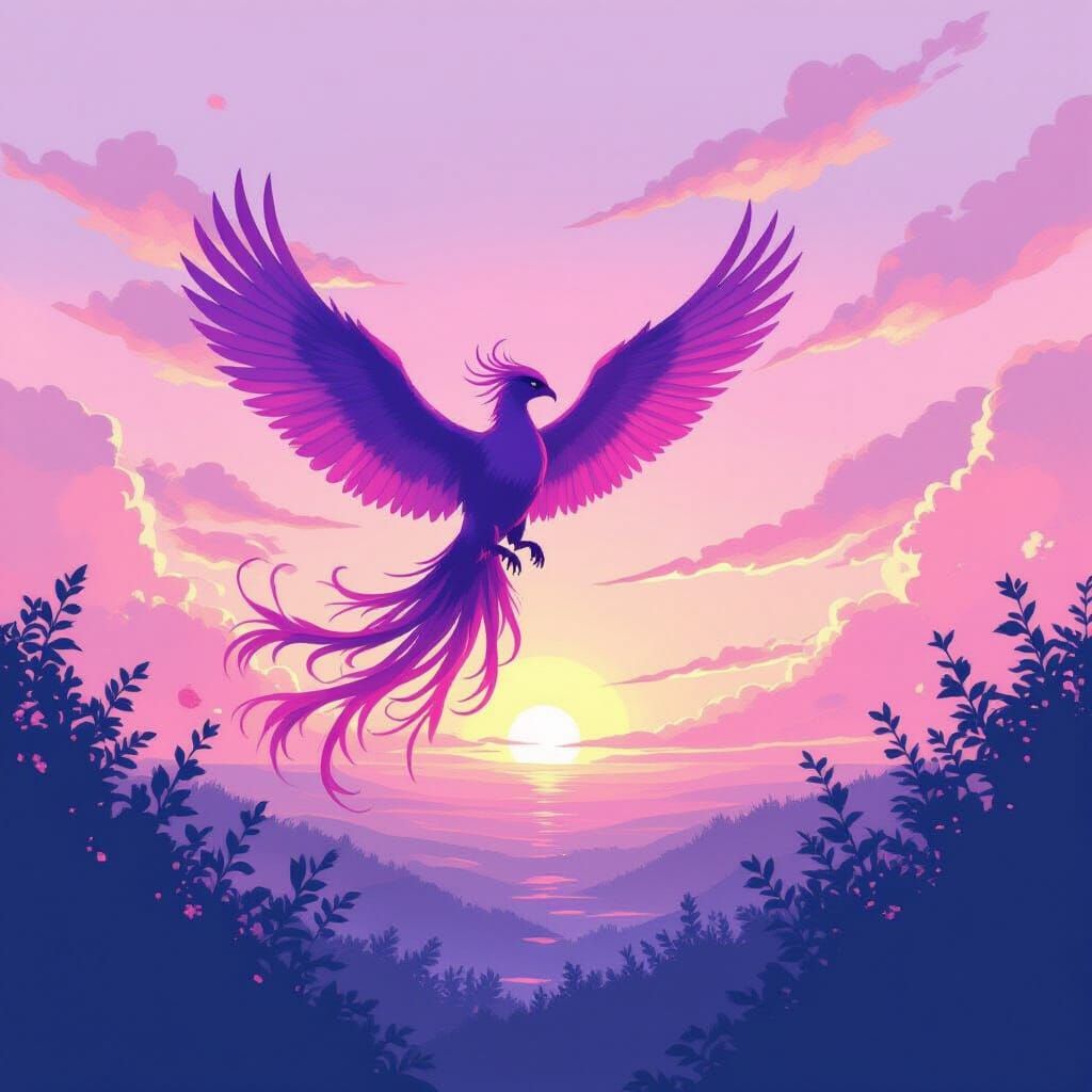 Purple Phoenix Ascending in Watercolor Style