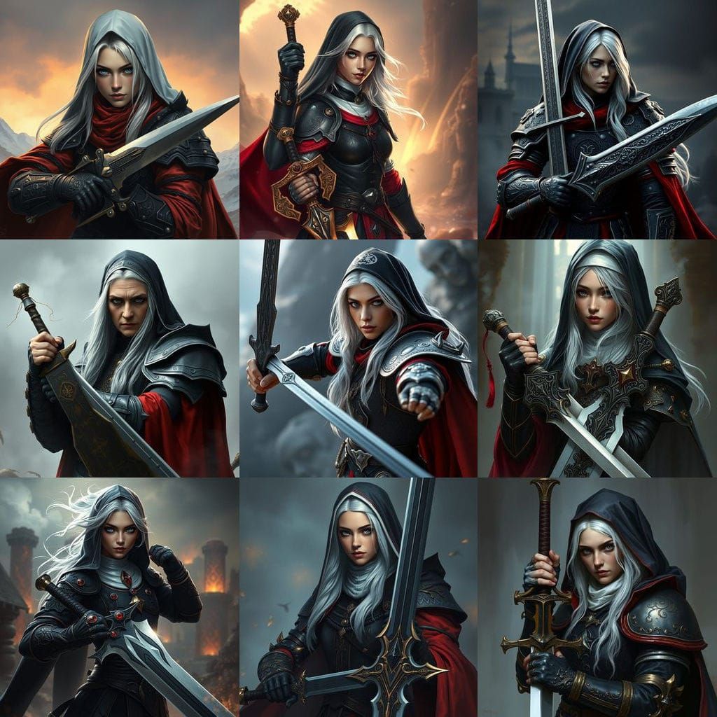 Fantastical Nun Wields Sword in Detailed Matte Painting