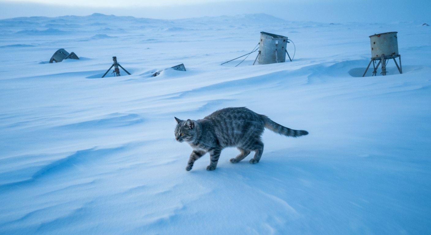 Isolated Cat in Windswept Arctic Landscape