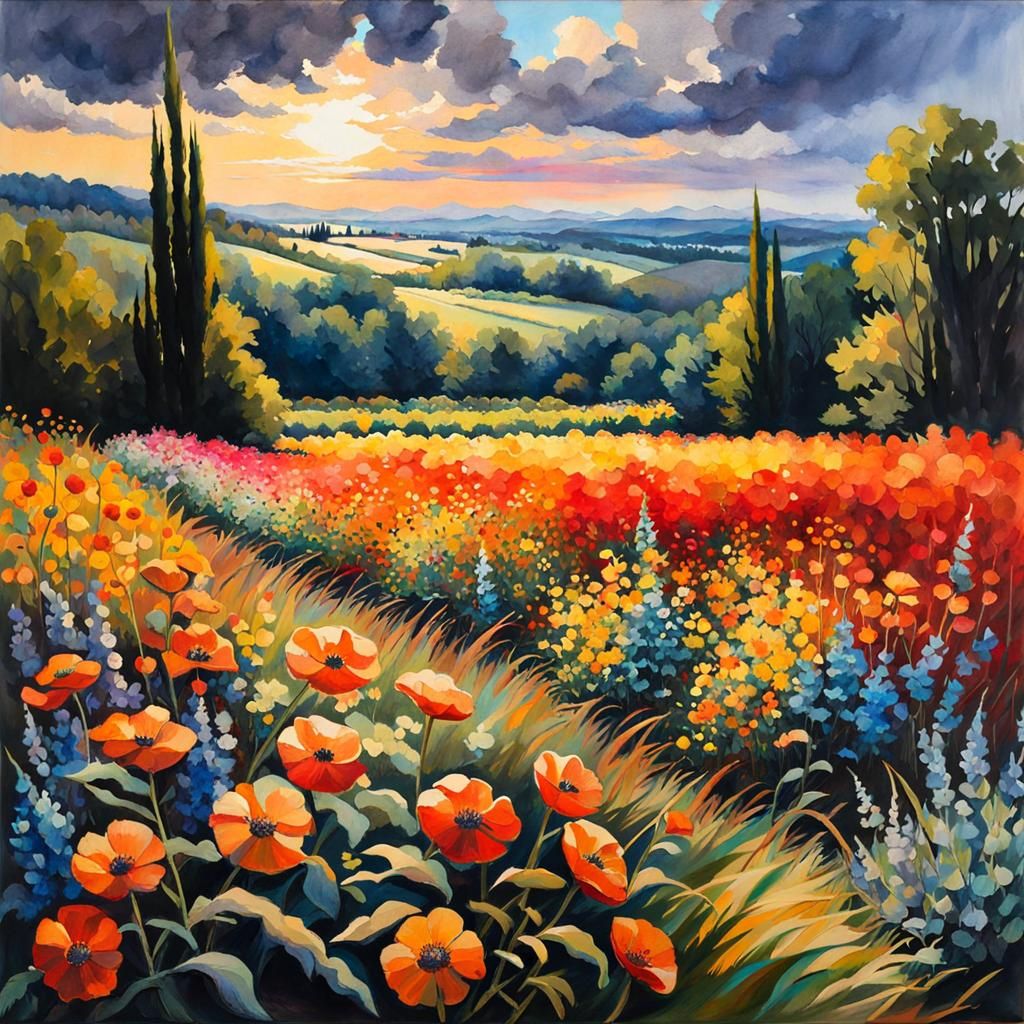 Watercolor French landscape, full of life