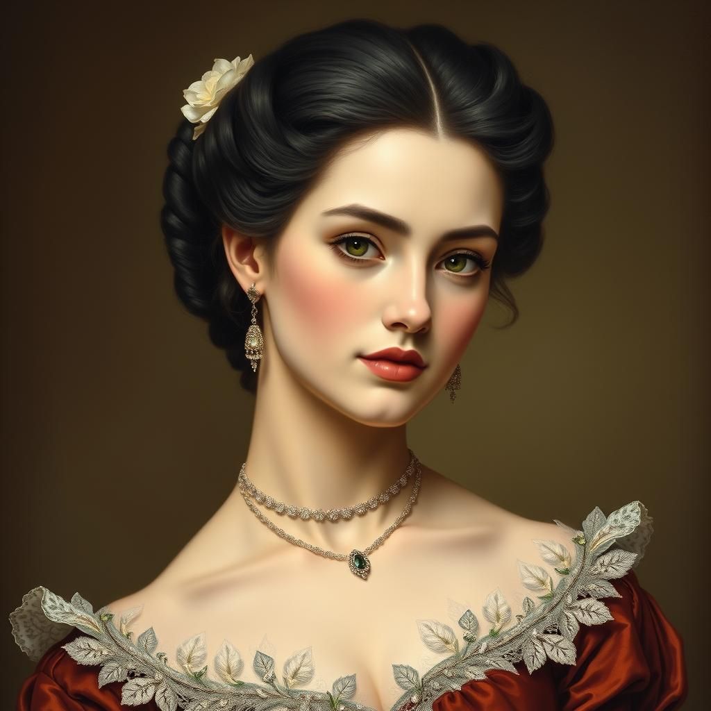 Elegant Woman in 1800s Court Dress, Neoclassical Style