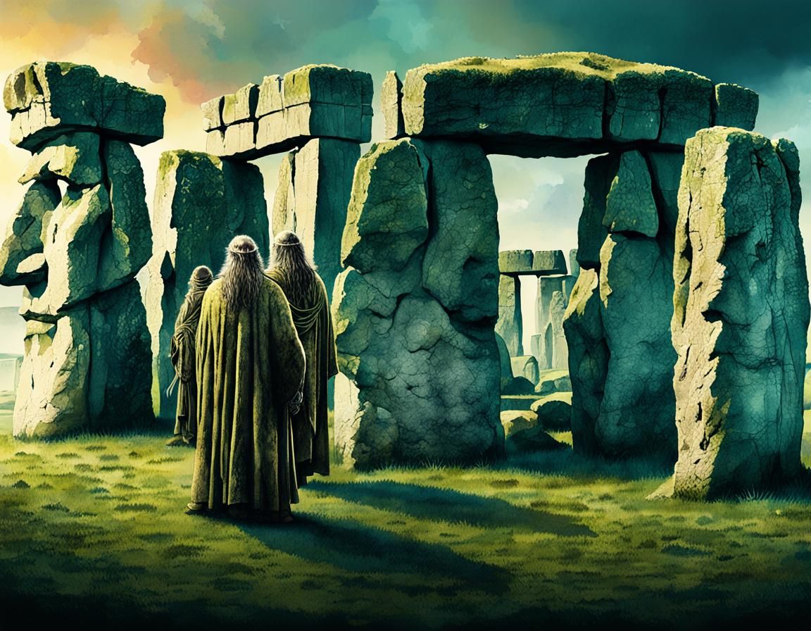 Druids at Stonehenge in Watercolor Style