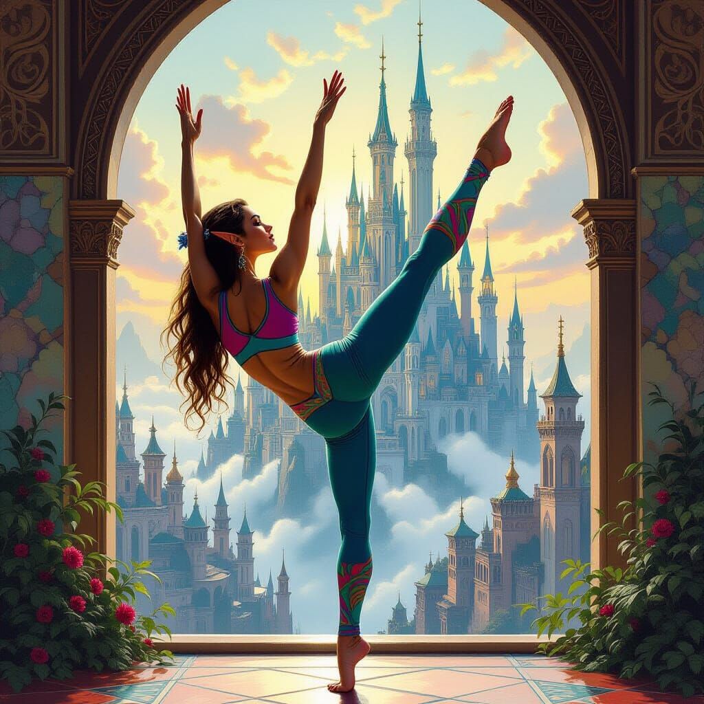 Elven Woman Yoga Pose in Fantasy Cityscape