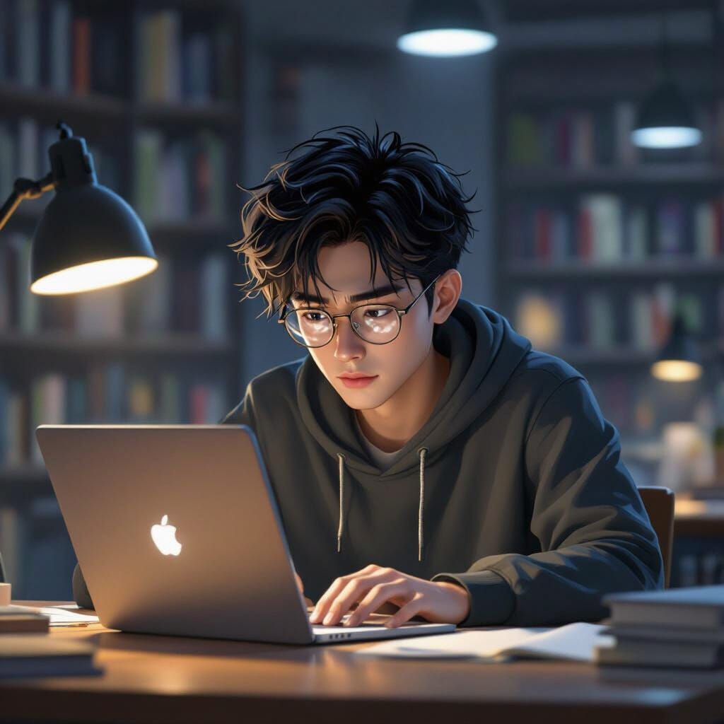 Tired Taiwanese Student Studying Late in Library