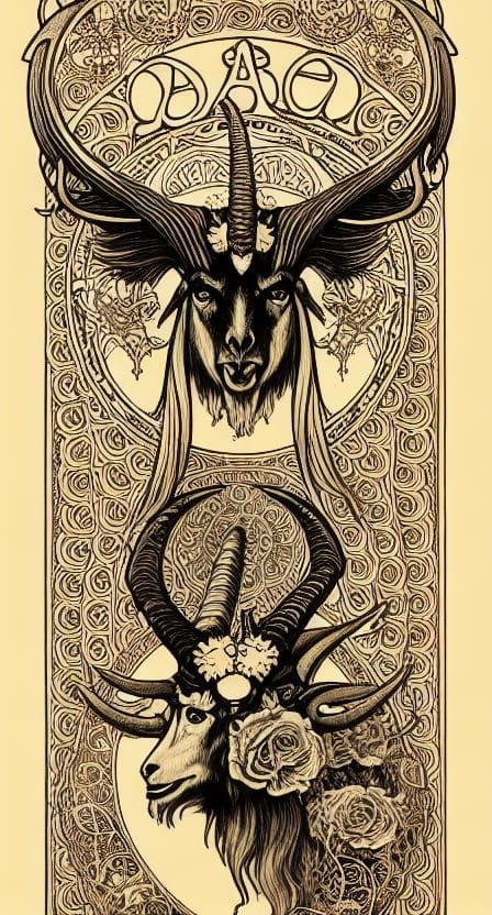 Art Nouveau Illustration of Baphomet with Raven Wings