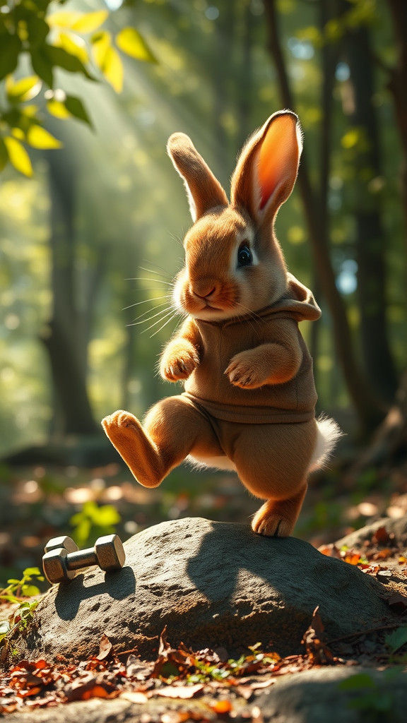 Rabbit Superhero Training in Sun-Dappled Forest