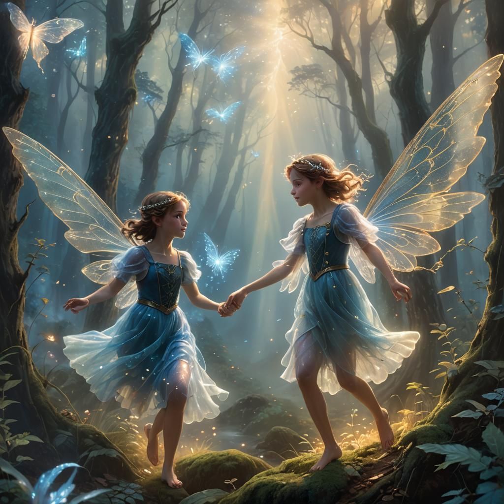 Fairies Escape Misty Forest in Ethereal Illustration