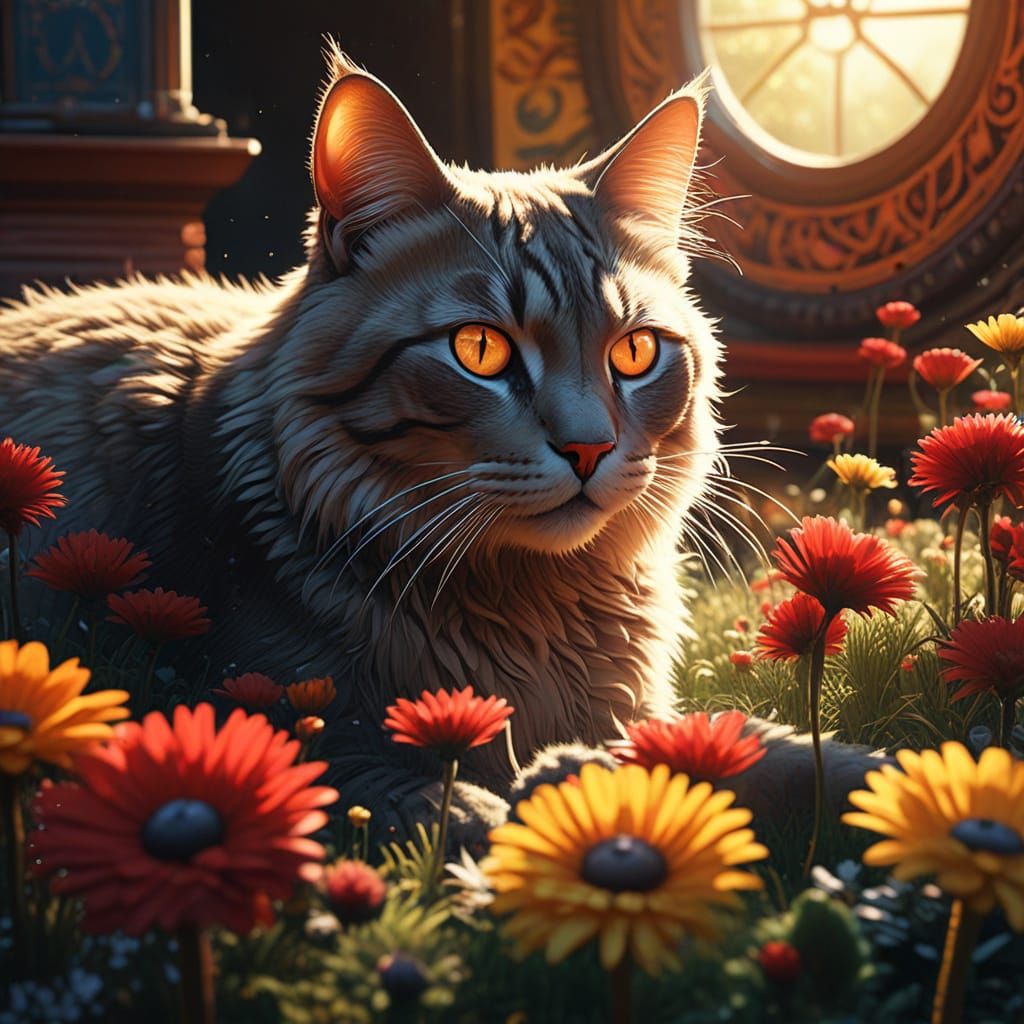 Soulful Cat Surrounded by Vibrant Mandalan Flowers in Hyperr...