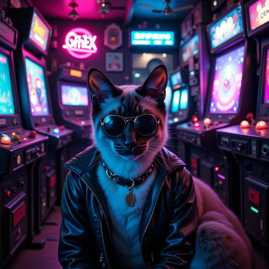 Gen X Cat in Cyberpunk Arcade, Film Still