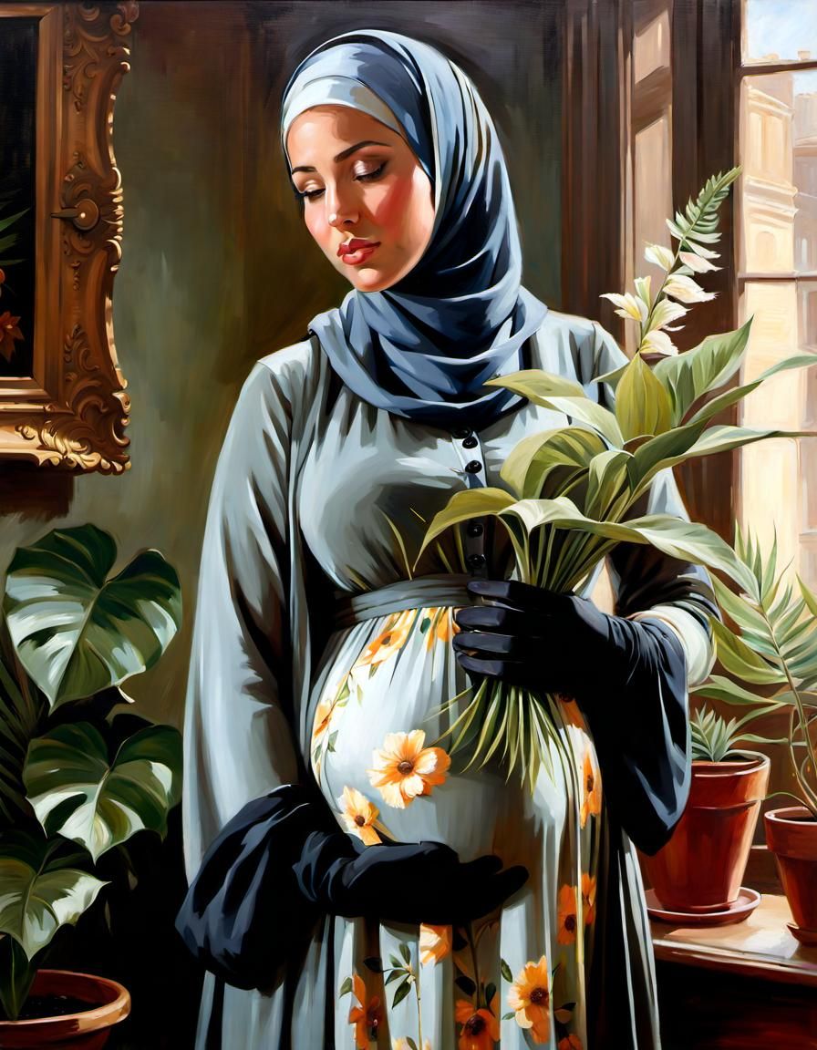 Pregnant Woman in Hijab Cares for House Plants