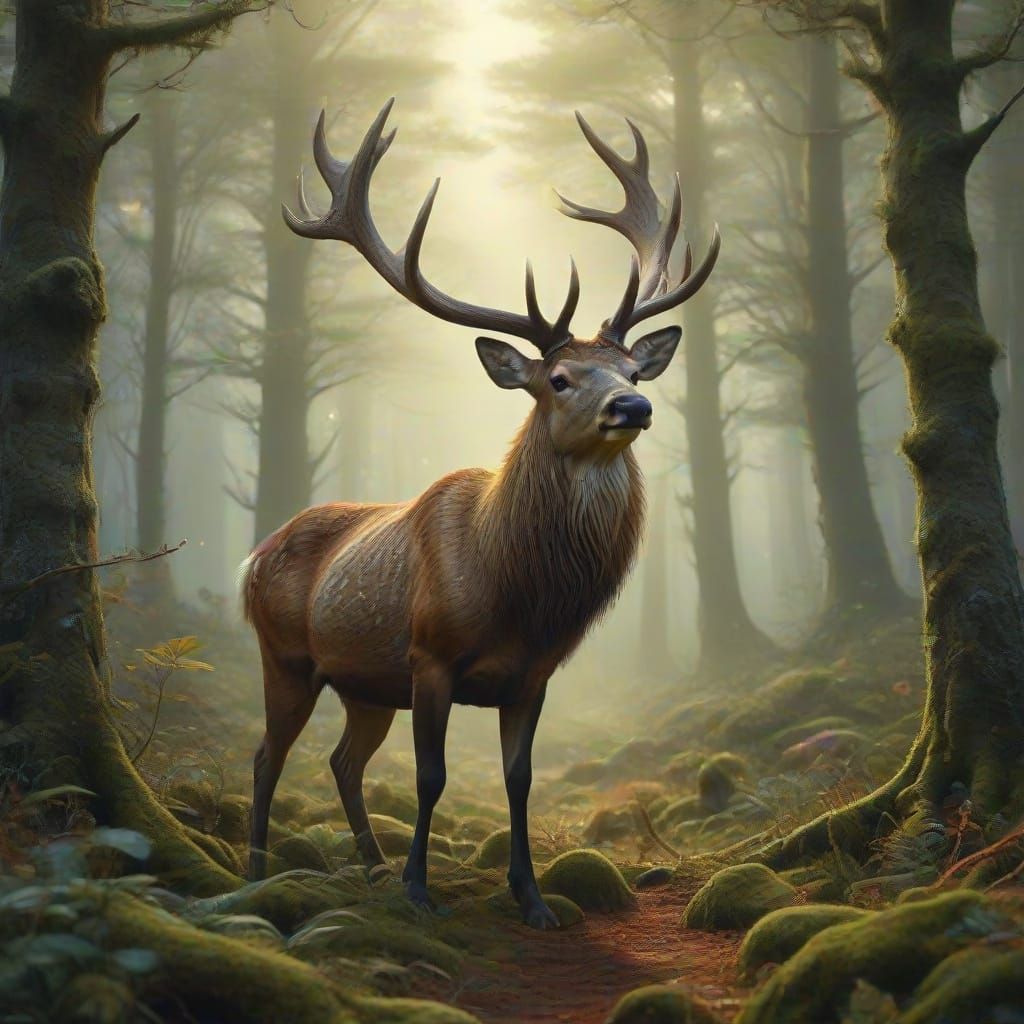 Stag with Glowing Orbs in Misty Forest, Digital Painting