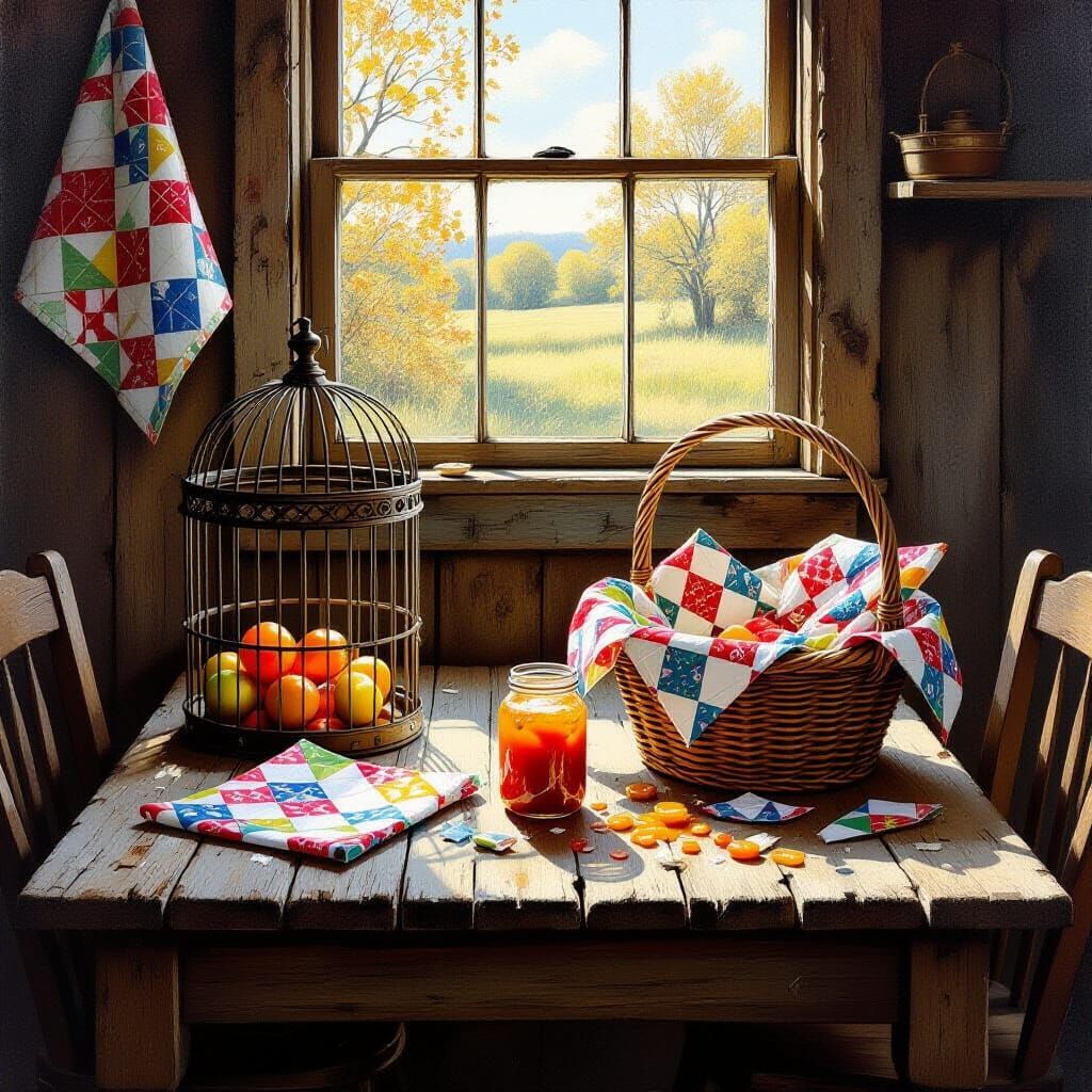 Farmhouse Still Life with Birdcage and Sewing Basket