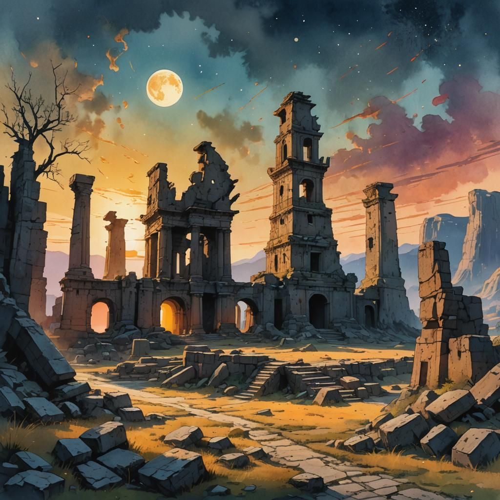 Watercolor Ink Ruins at Sunset: Fantasy Landscape
