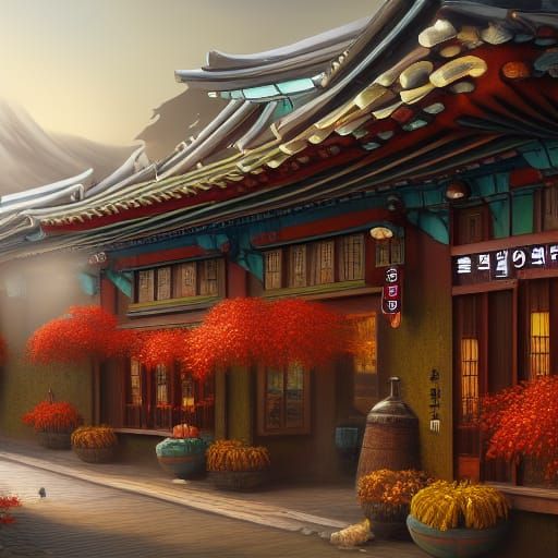 Korean Café on Autumn Day: Detailed Matte Painting