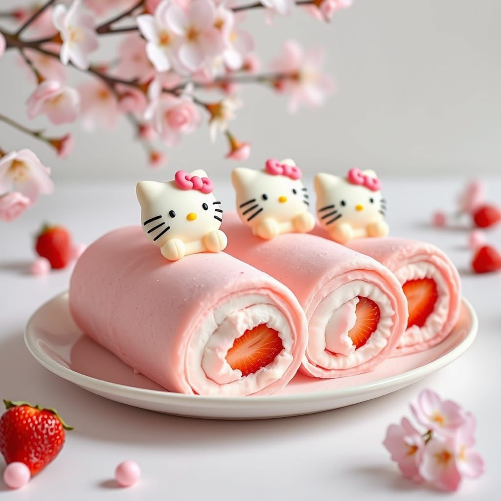 Whimsical Pink Swiss Rolls with Hello Kitty Decorations
