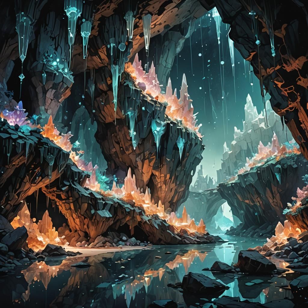 Glowing Zeolite Crystal Cavern in Dye-Transfer Style