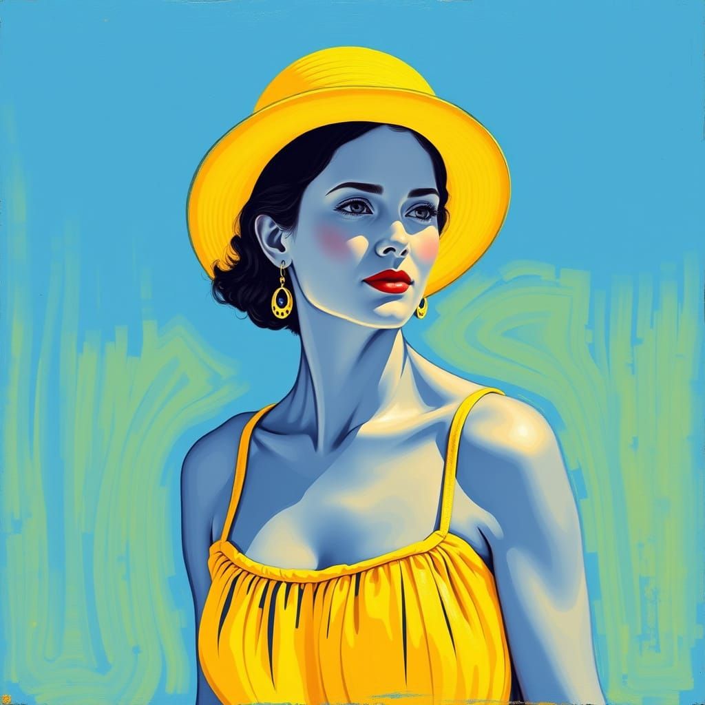 Blue and Yellow Portrait in Mid-Century Modern Style
