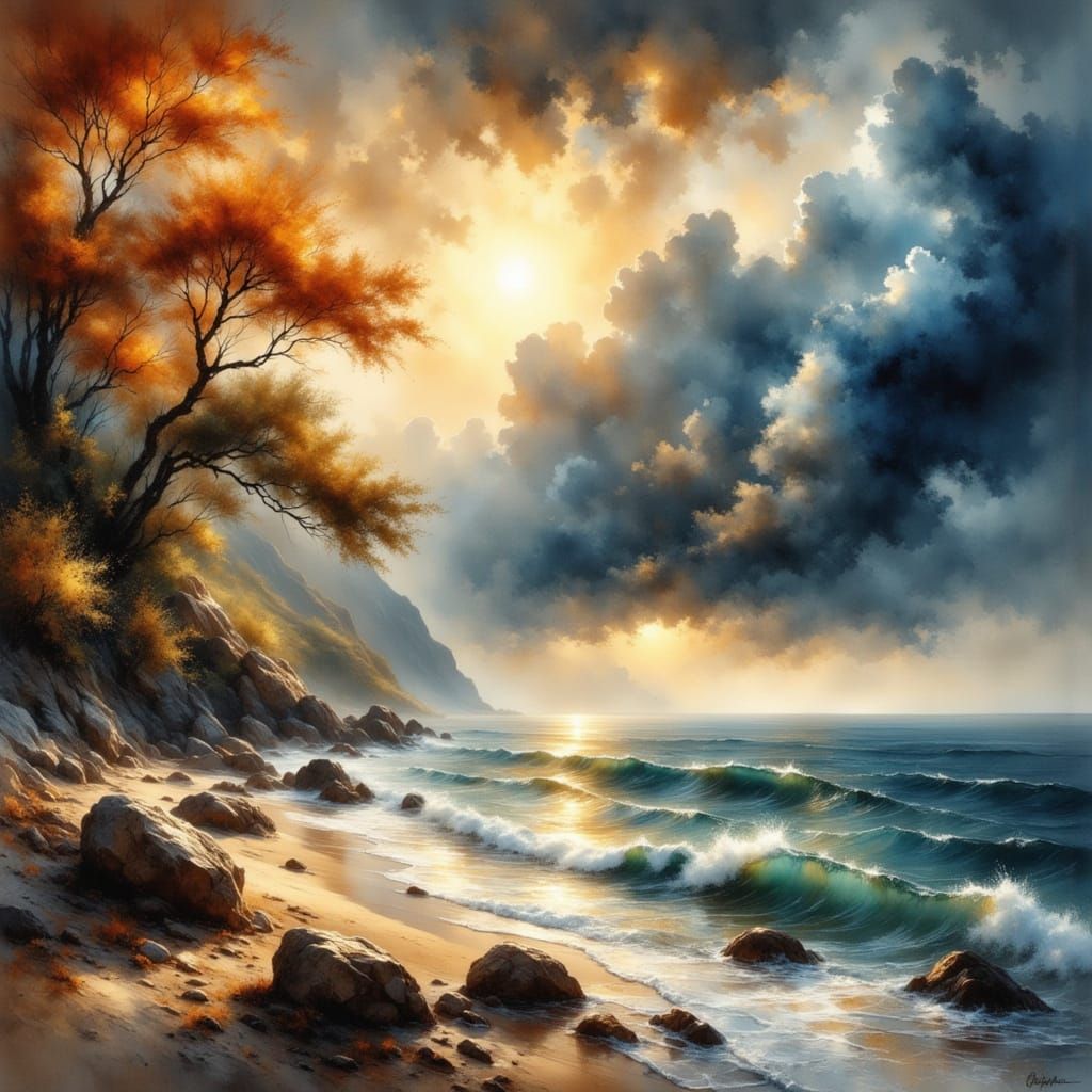 Italian Coast Thunderstorm in Impressionist Style