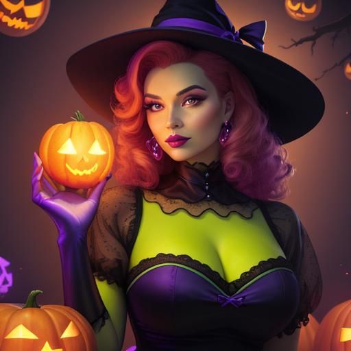 Retro Pin-Up Witch Casting Spells with Pumpkins