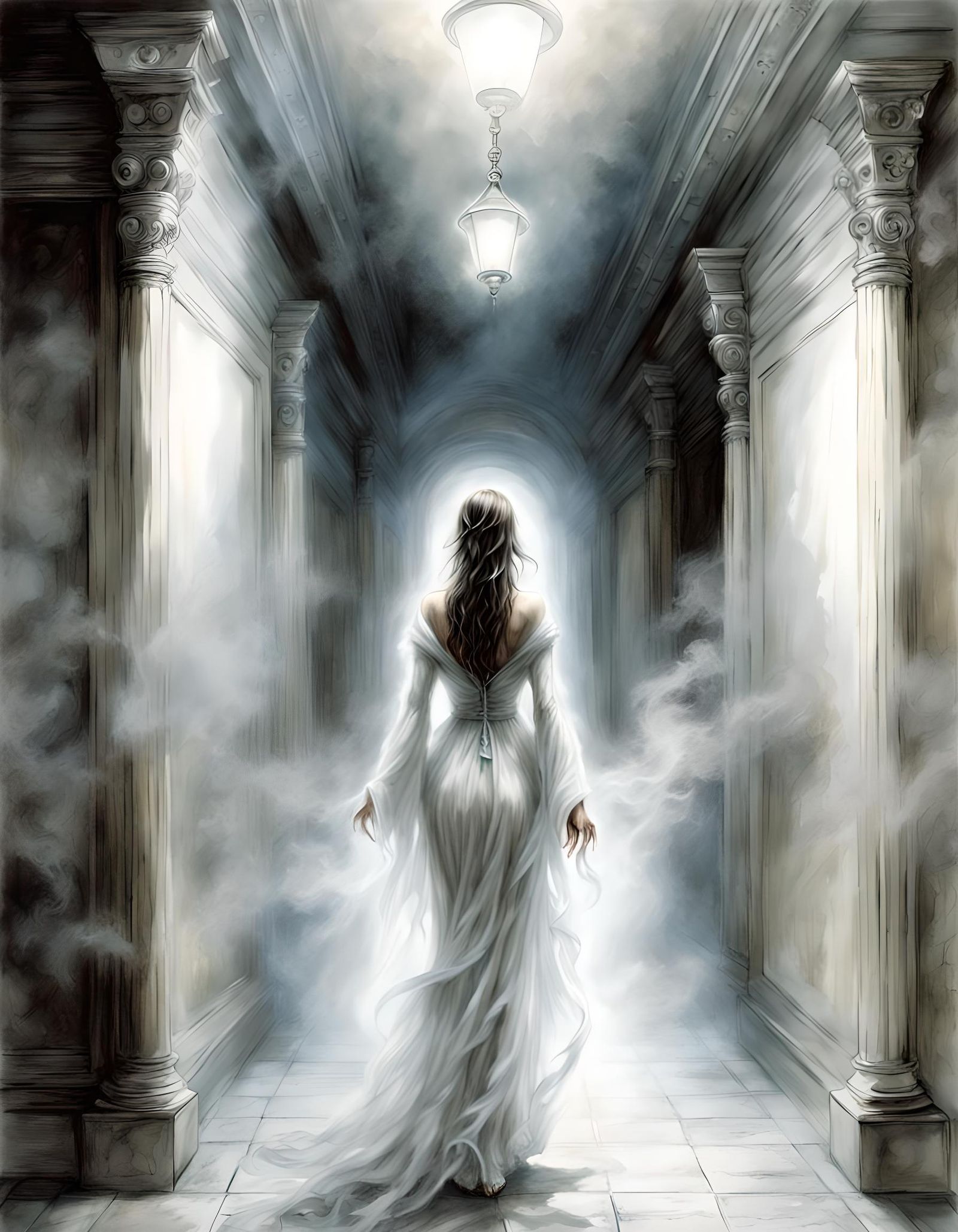 Ethereal Woman Walks into the Light: Dark Fantasy Art