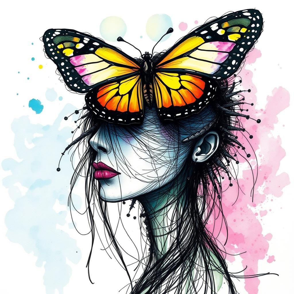 Scribble Painting of Woman with Butterfly by Elizabeth Charl...