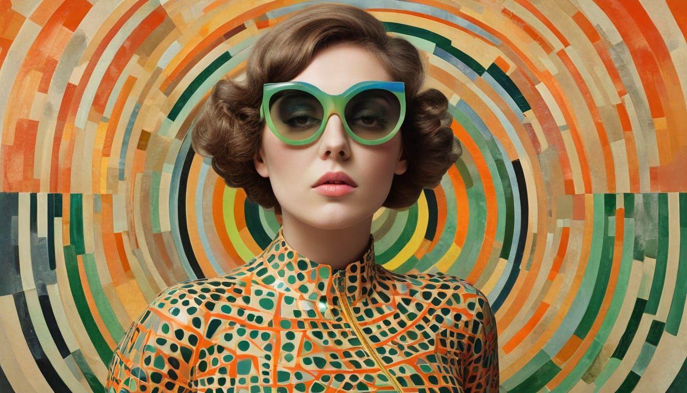 Surreal Woman in Geometric Collage with Optical Illusions