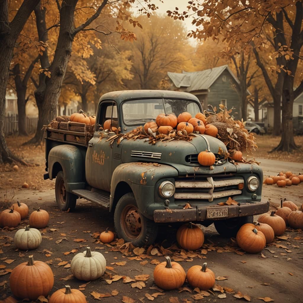 Vintage Pickup Truck in Autumn Landscape