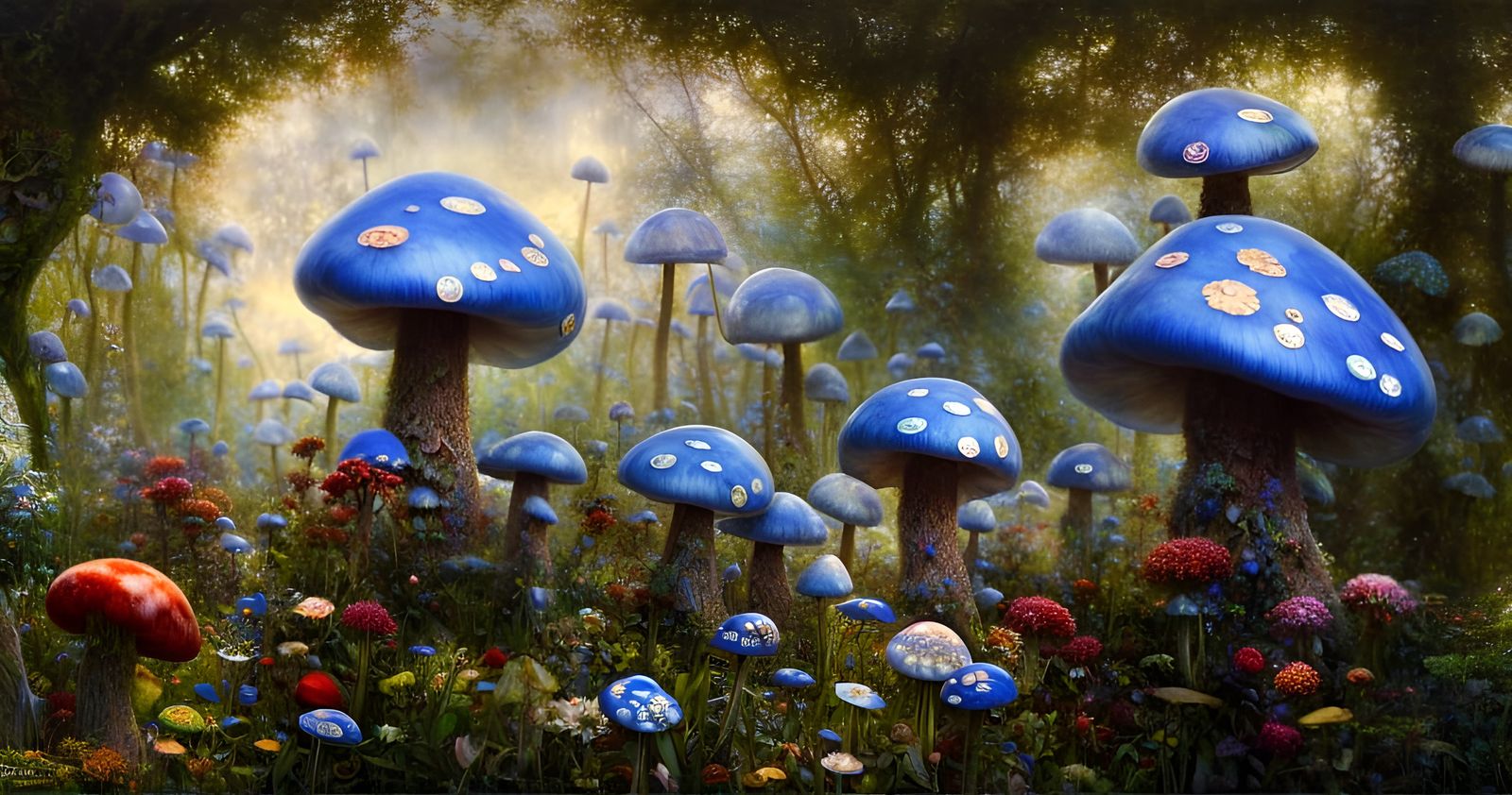 Magical Botanical Garden with Blue Toadstools: Digital Art