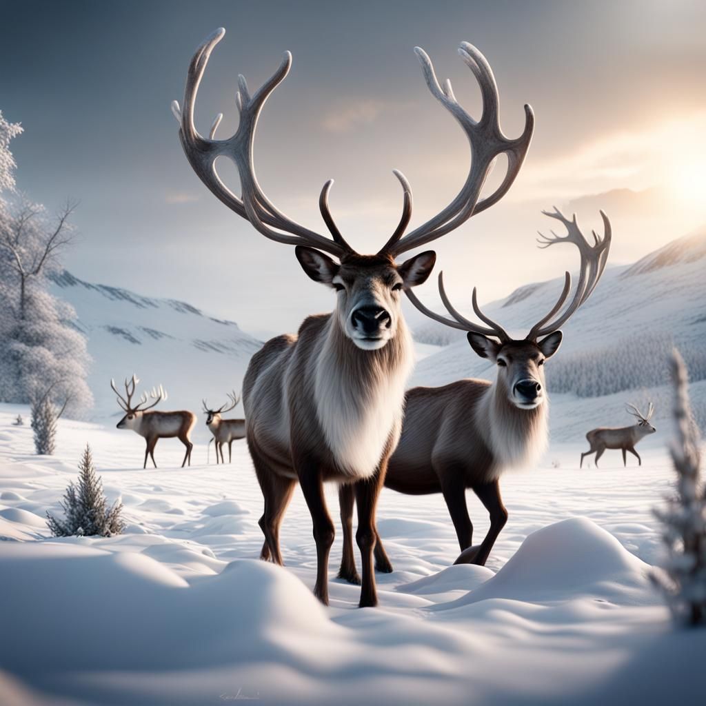 Reindeer Frolic in Snowy Field: Digital Matte Painting