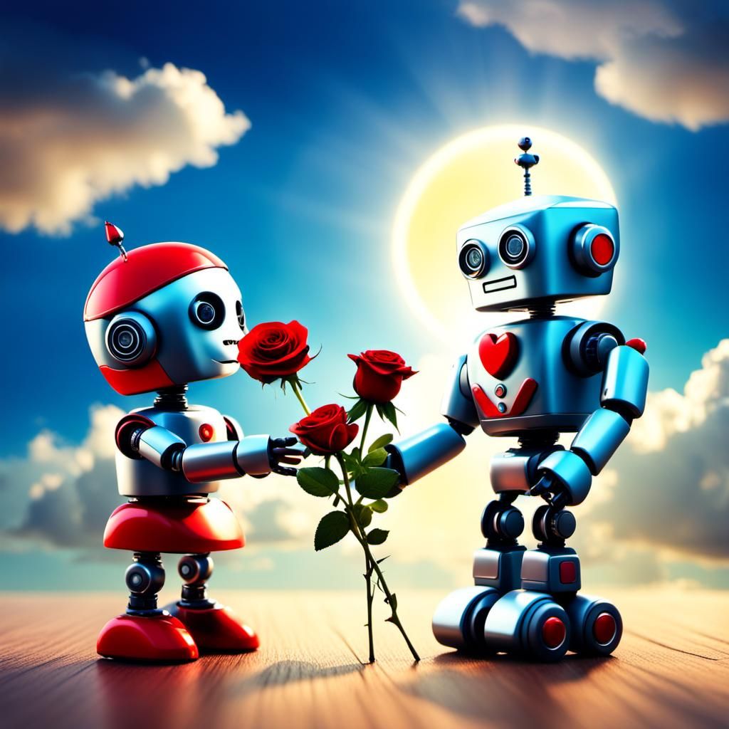 Robots Exchanging a Rose in Divine Light