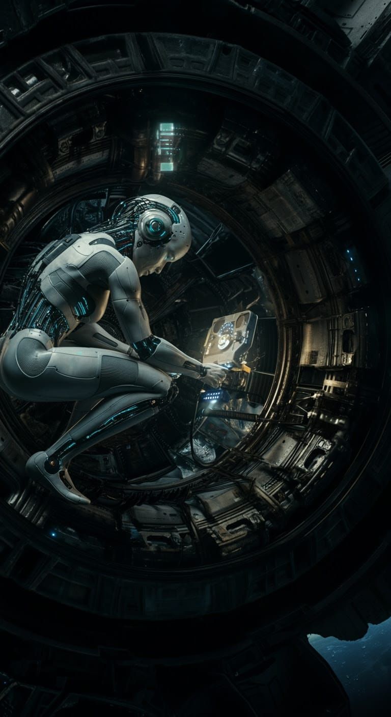 Cyborg Engineer Inside Interstellar Spaceship Engine