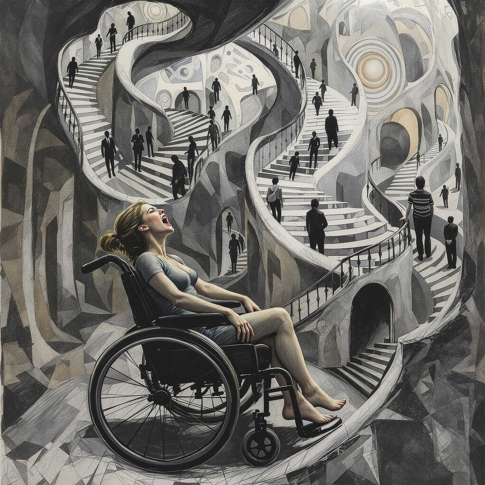 Woman in Wheelchair Lost in Escher-like World