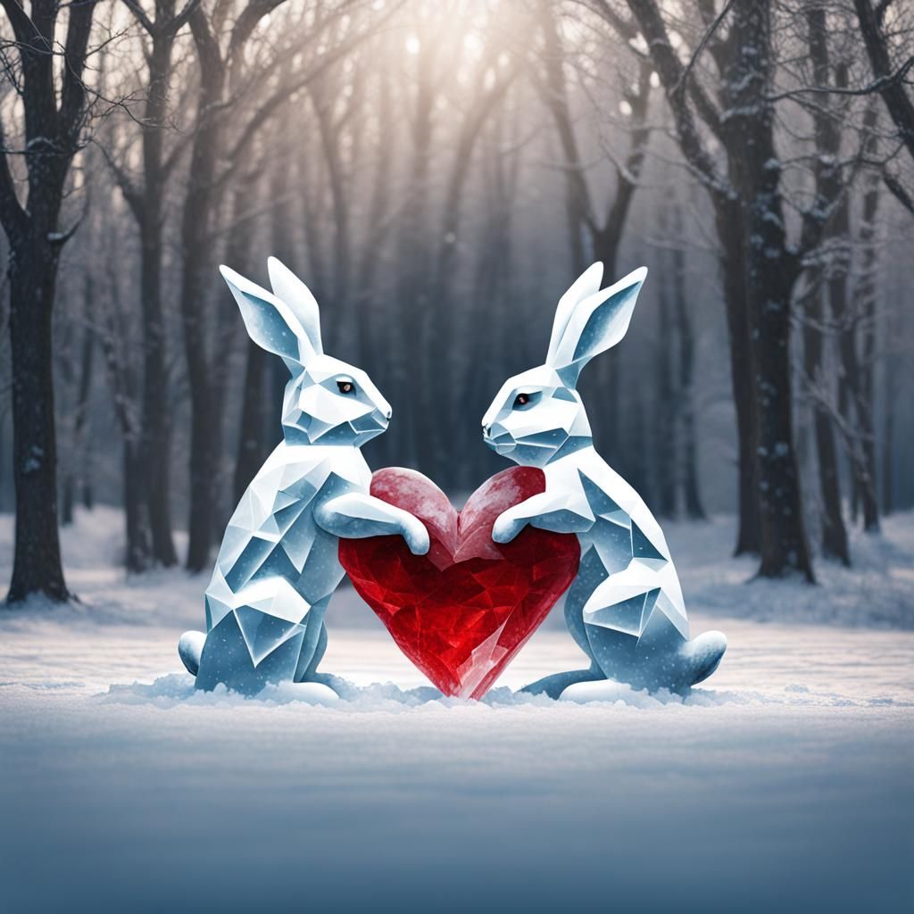 Rabbits and Shattered Ice Heart in Winter