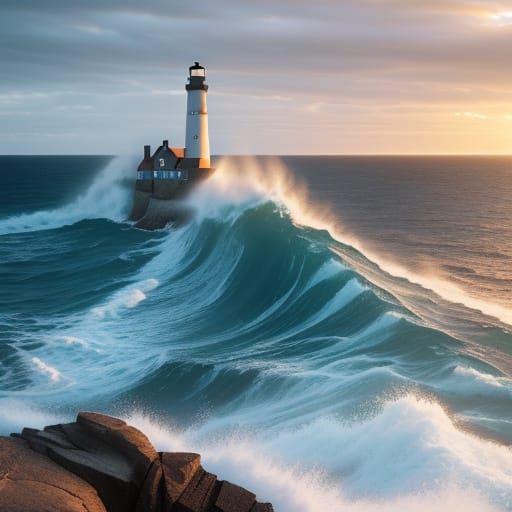 Hyperrealistic Lighthouses on Rocky Coastlines at Golden Hou...