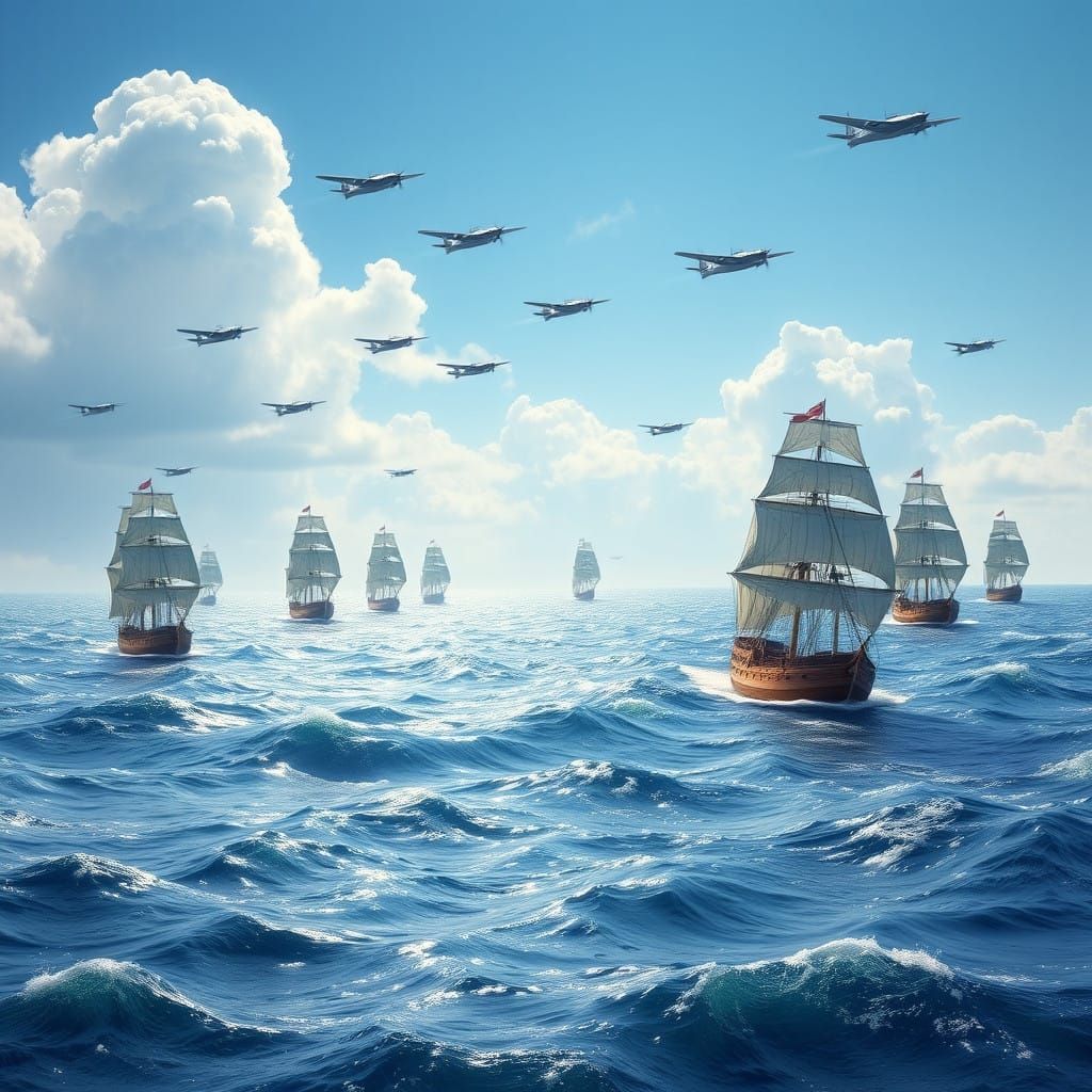 Vast Wavy Sea with 18th Century Sailing Ships and 1945 Plane...