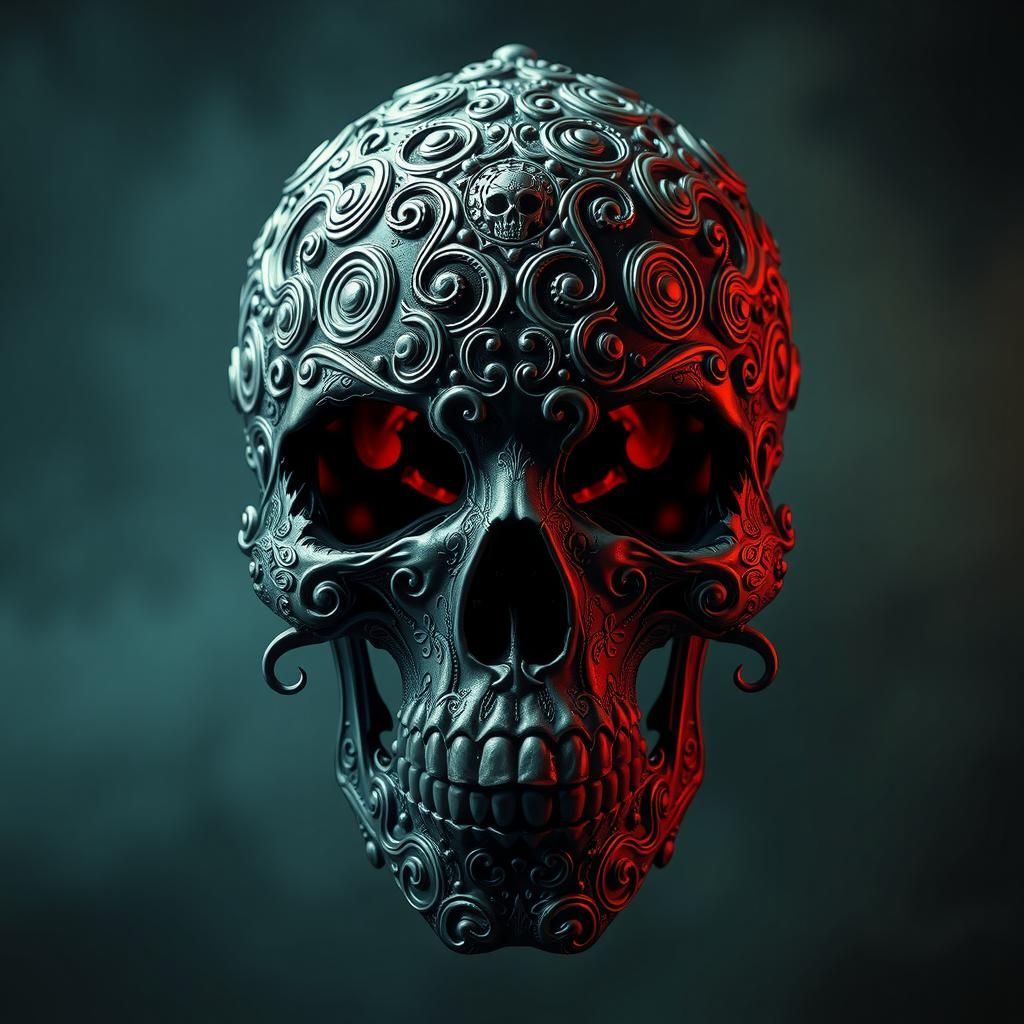 Ornate skull adorned with intricate, swirling patterns of si...