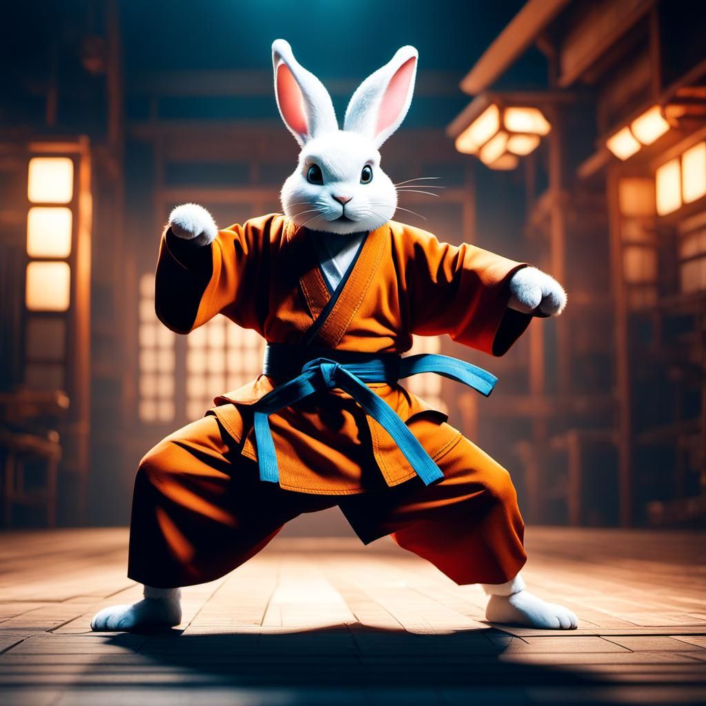 Rabbit Monk Karate Master in Hyperrealistic Style