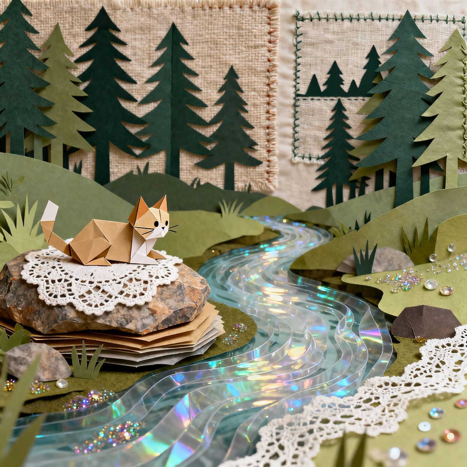 Cute Origami Cat Admiring Shimmering River in Mixed Media La...