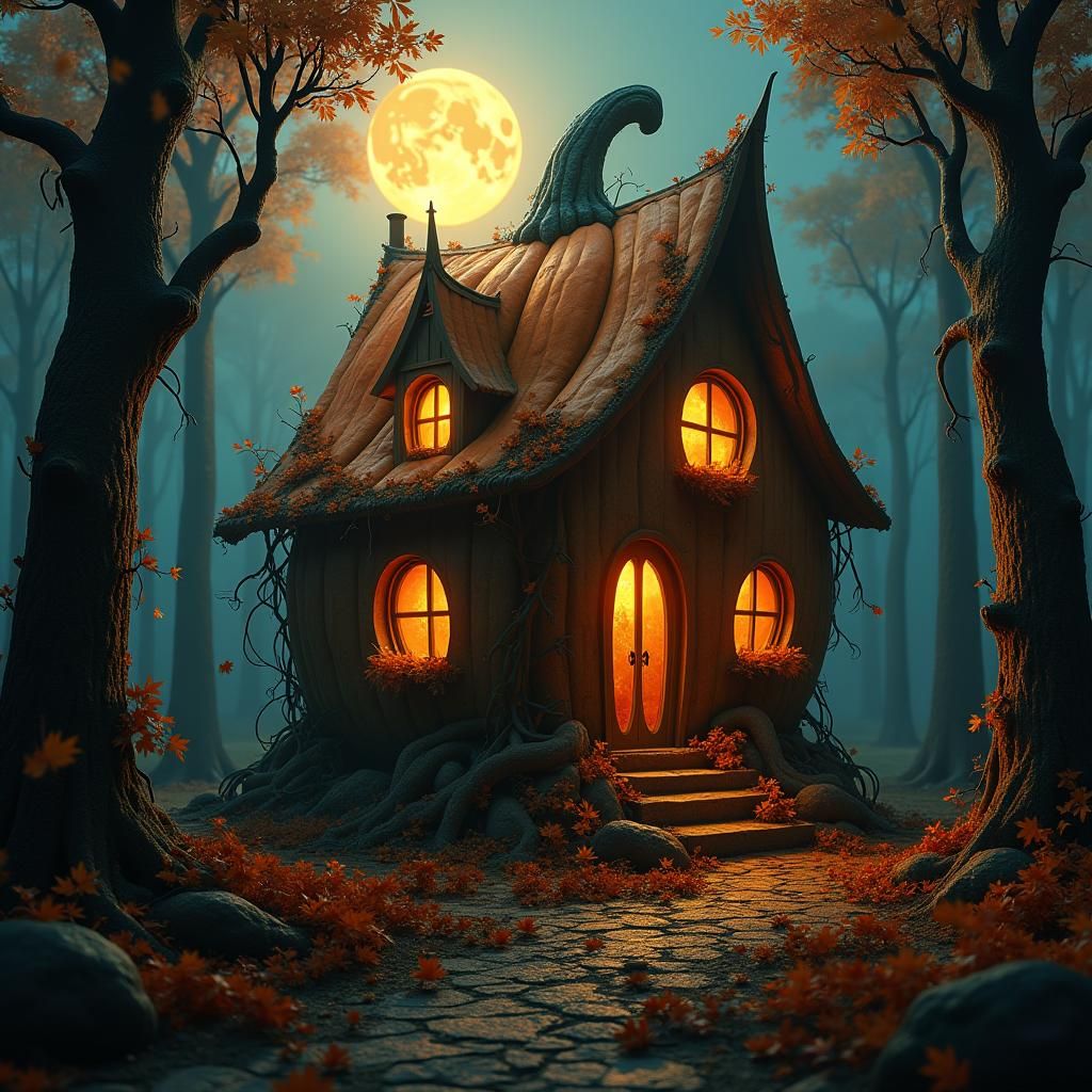 Mystical Pumpkin House in Autumn Forest